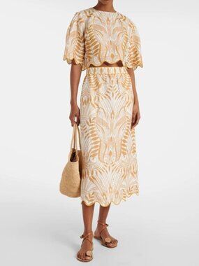 FARM RIO Off-White Lace Nature Euroflax Premium Linen Midi Skirt Set Size M